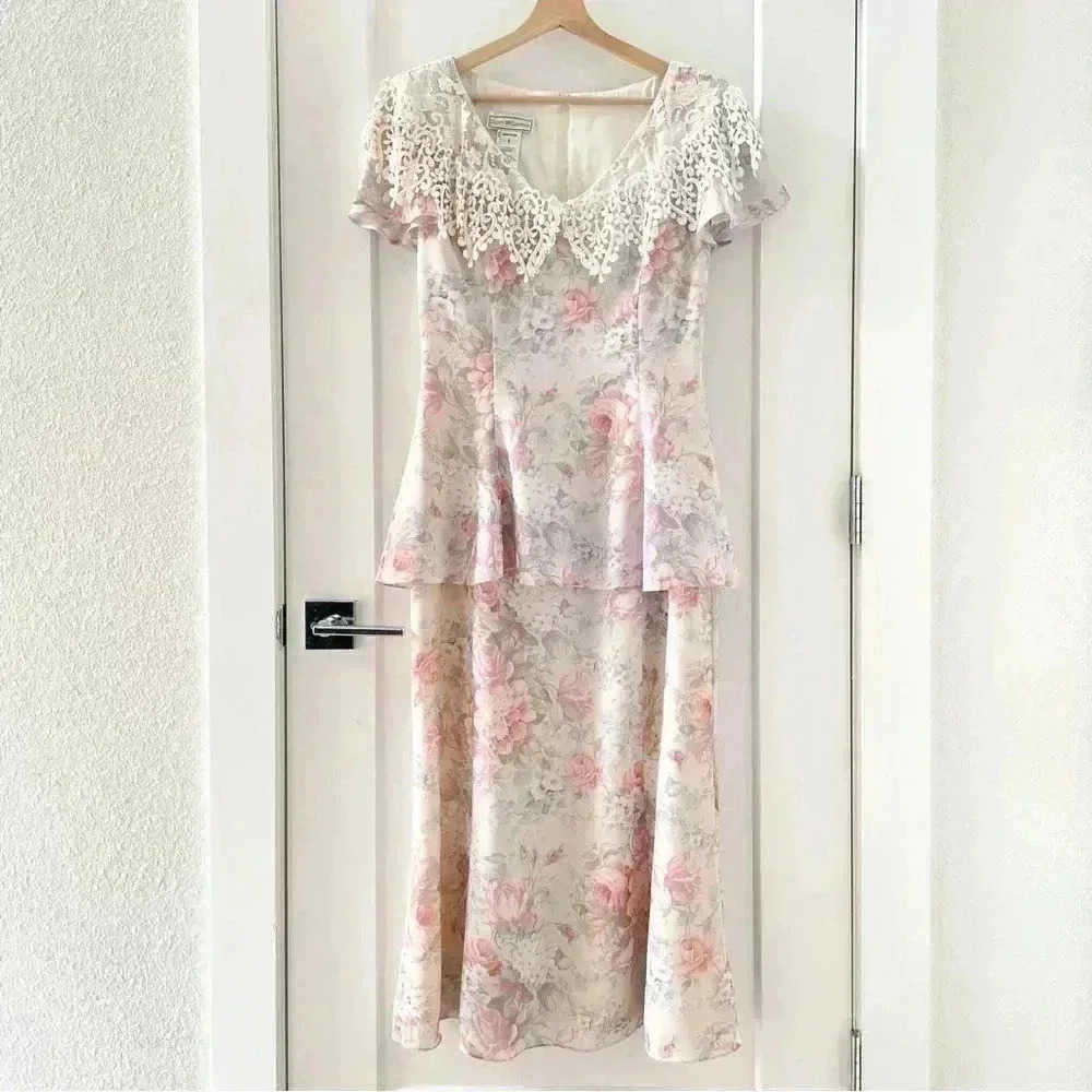Vintage 90's Y2K Scott McClintock Floral Chiffon Tier Peplum Dress Size 8 - Picture 4 of 11